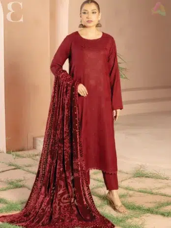Home 10 Anarkali By Mahay A-03 front view showcasing fancy zarri jacquard peach shirt, plachi shawl, and plain trouser in elegant winter fashion.