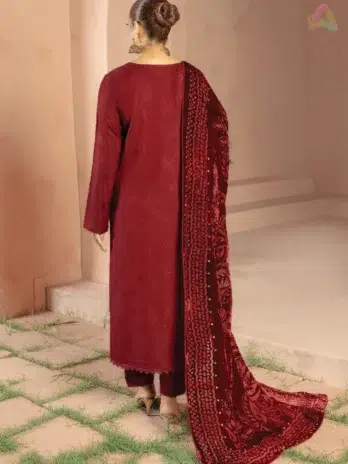 Back view of Anarkali By Mahay A-03 highlighting peach jacquard texture and graceful Mahay clothing design from the Winter Collection.