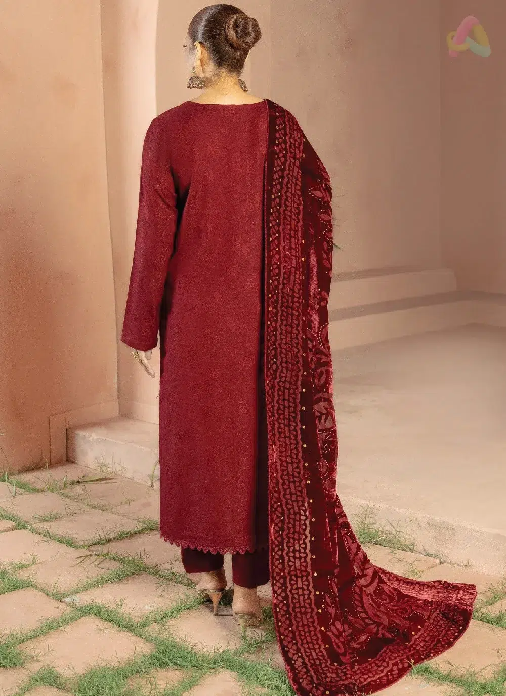 Anarkali By Mahay A-03 2 Back view of Anarkali By Mahay A-03 highlighting peach jacquard texture and graceful Mahay clothing design from the Winter Collection.