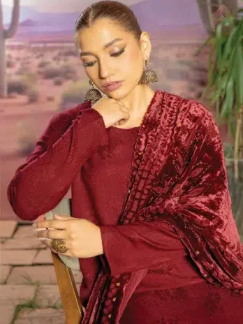 Close-up of Anarkali By Mahay A-03 showing zarri jacquard fabric detail and refined stitching from Mahay Fabric Collection 2025.