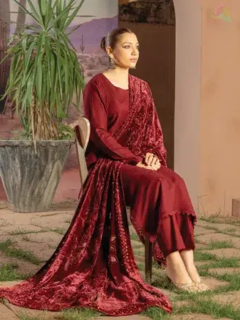 Full outfit view of Anarkali By Mahay A-03 featuring jacquard shirt, plachi shawl, and plain trouser from Mahay New Collection.