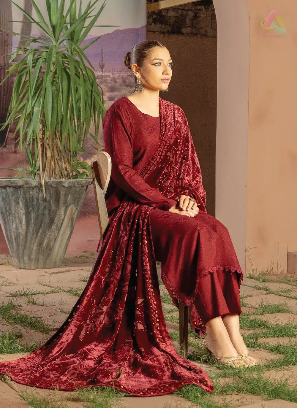 Anarkali By Mahay A-03 4 Full outfit view of Anarkali By Mahay A-03 featuring jacquard shirt, plachi shawl, and plain trouser from Mahay New Collection.