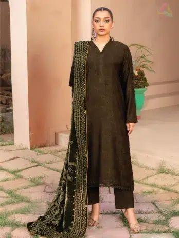 Home 9 Anarkali By Mahay A-04 front view showing fancy zarri jacquard peach shirt, plachi shawl, and plain trouser from Mahay Winter Collection.