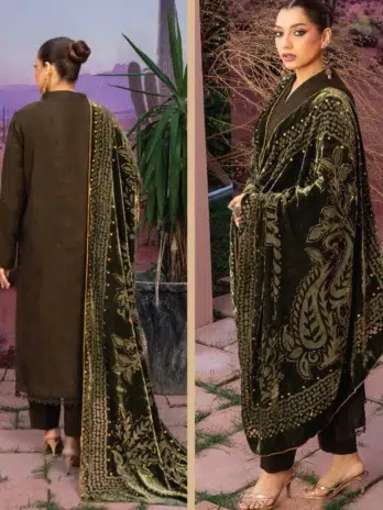 Back view of Anarkali By Mahay A-04 highlighting peach jacquard texture and elegant detailing from Mahay clothing and New Collection 2025.