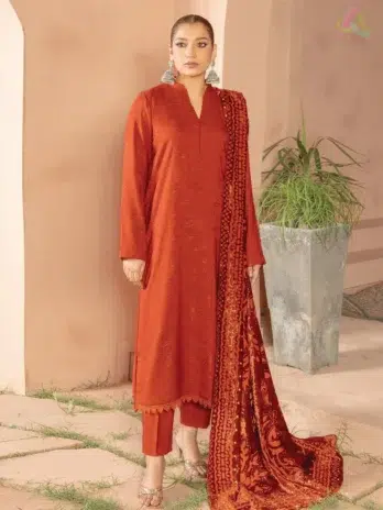 Home 8 Anarkali By Mahay A-05 front view featuring fancy zarri jacquard peach shirt, plachi shawl, and plain trouser from Mahay Winter Collection.