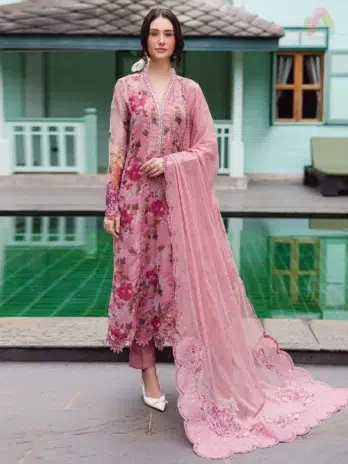 Front view of Ballerina by Nureh NU2-182 organza 4-piece suit with embroidered frock, embellished neckline, chiffon dupatta, rawsilk trouser, and inner.