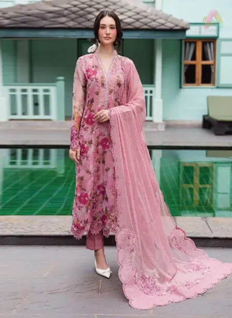 Front view of Ballerina by Nureh NU2-182 organza 4-piece suit with embroidered frock, embellished neckline, chiffon dupatta, rawsilk trouser, and inner.