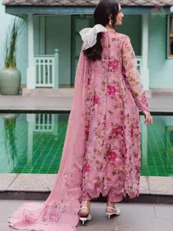 Back view of Ballerina by Nureh NU2-182 organza frock with embroidered details, paired with chiffon dupatta and rawsilk trouser from Nureh collection 2025.