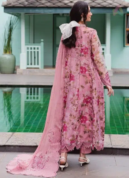 Back view of Ballerina by Nureh NU2-182 organza frock with embroidered details, paired with chiffon dupatta and rawsilk trouser from Nureh collection 2025.