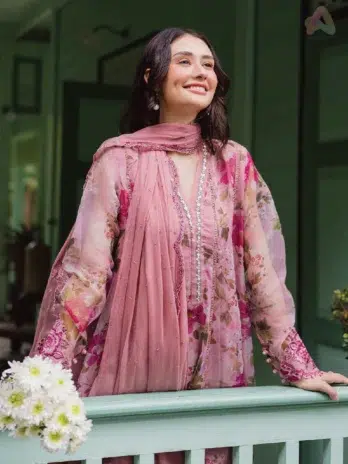 Close-up of Ballerina by Nureh NU2-182 embroidered organza frock with hand embellishment on neckline, highlighting fine craftsmanship and fabric details.