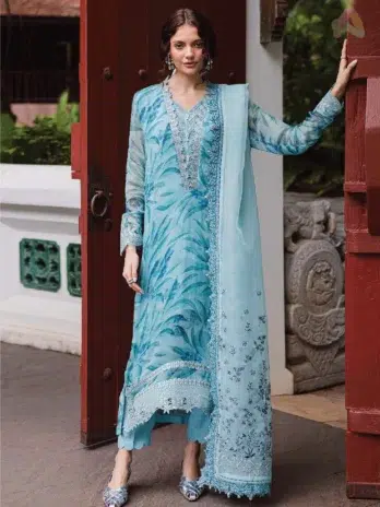Front view of Ballerina by Nureh NU2-183 chiffon 4-piece suit with embroidered shirt, organza dupatta, rawsilk trouser, and inner for festive occasions.