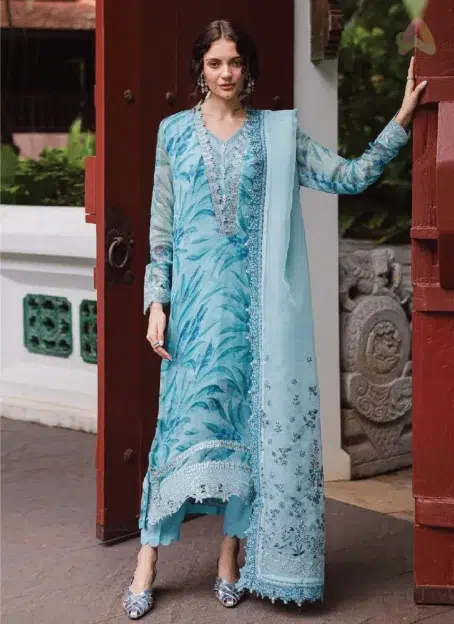 Front view of Ballerina by Nureh NU2-183 chiffon 4-piece suit with embroidered shirt, organza dupatta, rawsilk trouser, and inner for festive occasions.