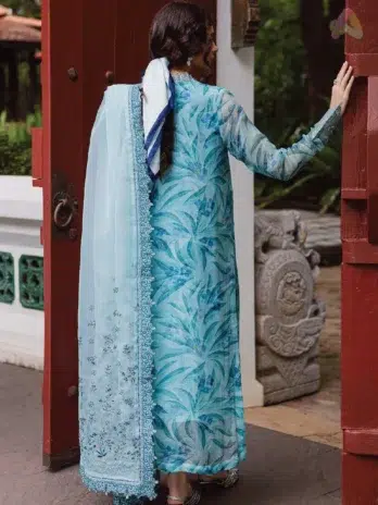 Back view of Ballerina by Nureh NU2-183 chiffon 4-piece suit highlighting embroidered shirt design, organza dupatta, and rawsilk trouser from Nureh collection 2025.