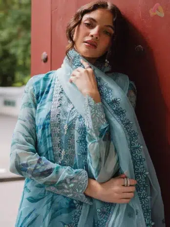 Close-up of Ballerina by Nureh NU2-183 chiffon embroidered shirt with organza dupatta details, showcasing fabric quality and fine craftsmanship.