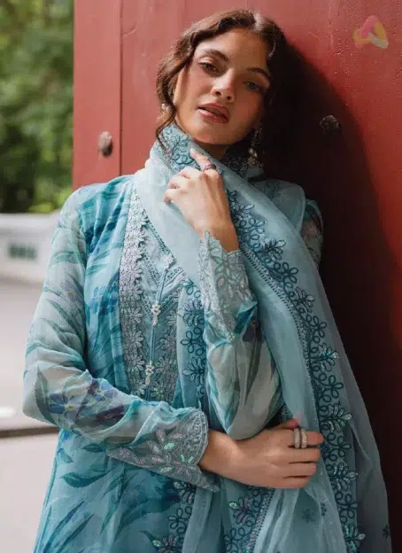Close-up of Ballerina by Nureh NU2-183 chiffon embroidered shirt with organza dupatta details, showcasing fabric quality and fine craftsmanship.