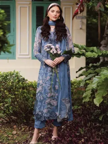 Front view of Ballerina by Nureh NU2-184 chiffon 4-piece suit with embroidered shirt, chiffon dupatta, rawsilk trouser, and inner for festive occasions.