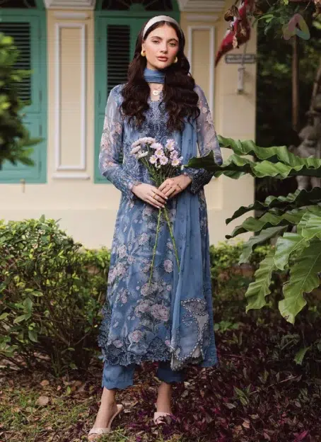 Front view of Ballerina by Nureh NU2-184 chiffon 4-piece suit with embroidered shirt, chiffon dupatta, rawsilk trouser, and inner for festive occasions.