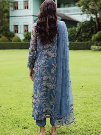 Back view of Ballerina by Nureh NU2-184 chiffon embroidered shirt paired with stitched dupatta and rawsilk trouser, showcasing elegant design and detailing