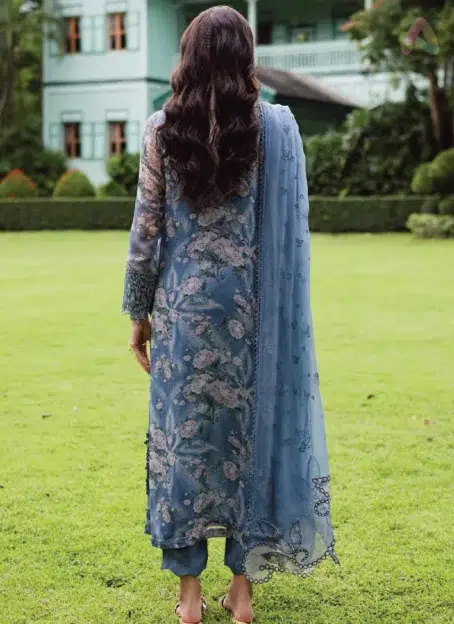 Back view of Ballerina by Nureh NU2-184 chiffon embroidered shirt paired with stitched dupatta and rawsilk trouser, showcasing elegant design and detailing
