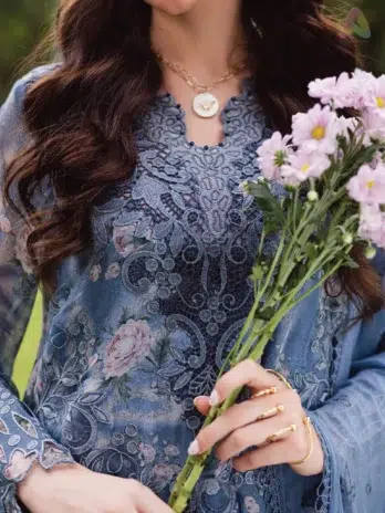 Close-up of Ballerina by Nureh NU2-184 embroidered chiffon shirt and dupatta fabric with delicate stitching and refined craftsmanship from Nureh collection 2025.