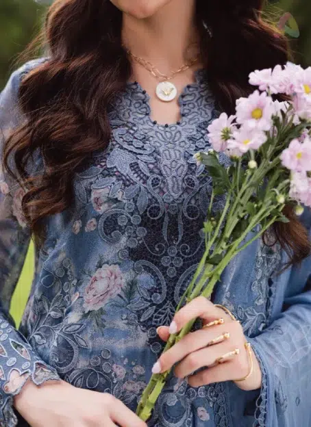 Close-up of Ballerina by Nureh NU2-184 embroidered chiffon shirt and dupatta fabric with delicate stitching and refined craftsmanship from Nureh collection 2025.
