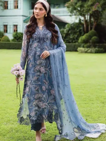 Full outfit of Ballerina by Nureh NU2-184 chiffon 4-piece suit styled with shirt, dupatta, rawsilk trouser, and inner, perfect for weddings and formal wear.