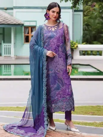 Front View of Ballerina by Nureh NU2-185 – Embroidered Organza Shirt with Hand Embellished Neckline and Chiffon Dupatta from Nureh New Collection.
