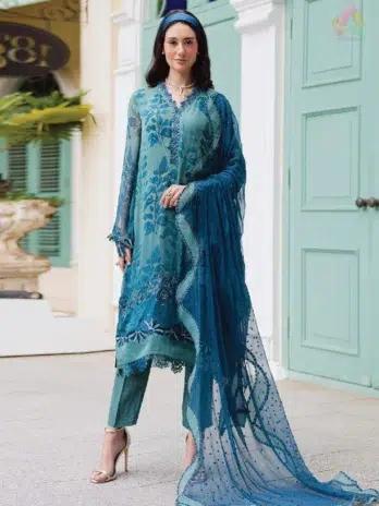 Front View: Ballerina by Nureh NU2-186 front view showing embroidered chiffon shirt with detailed neckline and elegant dupatta design.