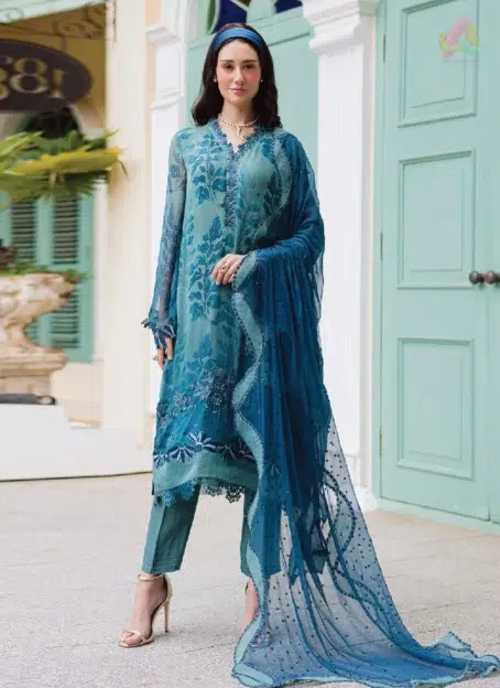 Front View: Ballerina by Nureh NU2-186 front view showing embroidered chiffon shirt with detailed neckline and elegant dupatta design.