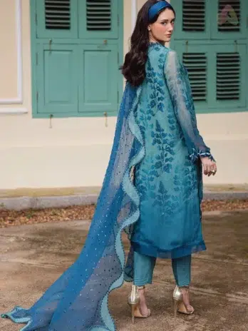 Back View: Ballerina by Nureh NU2-186 back view highlighting intricate embroidery on chiffon shirt with matching dyed rawsilk trouser.