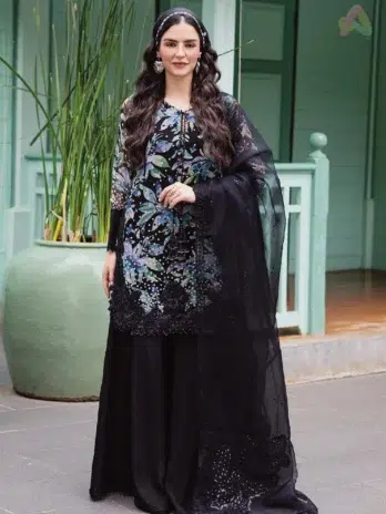 Front View: Ballerina by Nureh NU2-187 front view showing printed and embroidered chiffon shirt with detailed neckline and organza dupatta.