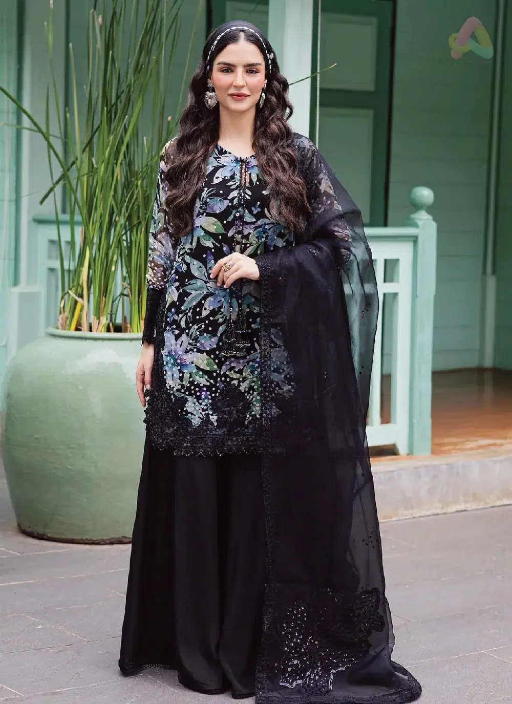 Ballerina by Nureh NU2-187 1 Front View: Ballerina by Nureh NU2-187 front view showing printed and embroidered chiffon shirt with detailed neckline and organza dupatta.