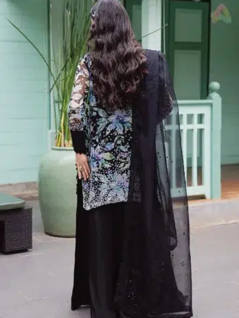 Back View: Ballerina by Nureh NU2-187 back view highlighting elegant embroidery on chiffon shirt and dyed rawsilk trouser.