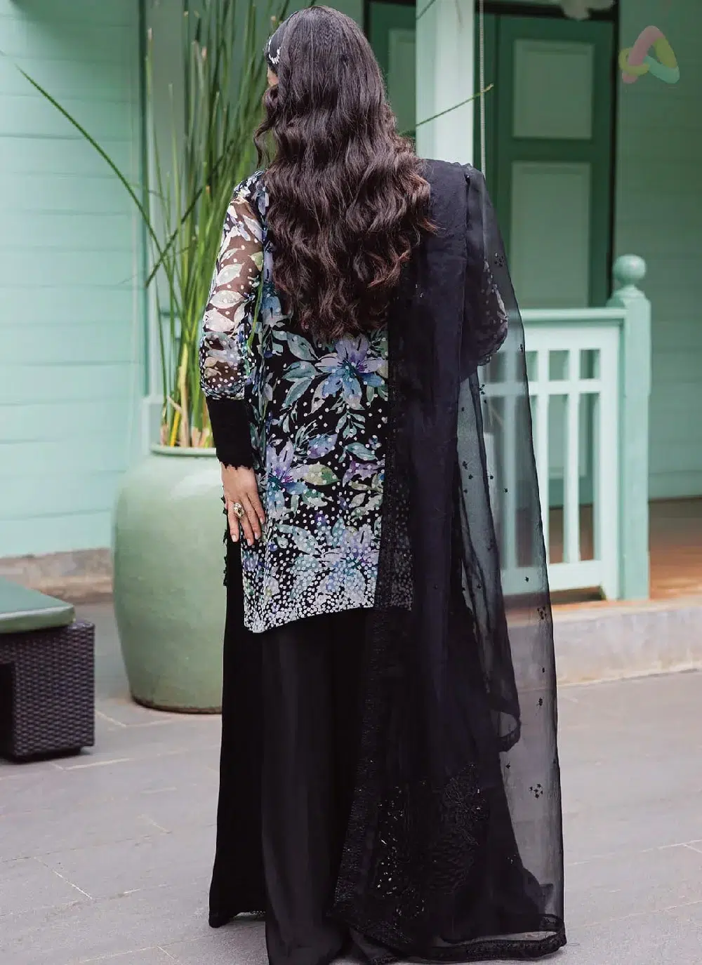 Ballerina by Nureh NU2-187 2 Back View: Ballerina by Nureh NU2-187 back view highlighting elegant embroidery on chiffon shirt and dyed rawsilk trouser.