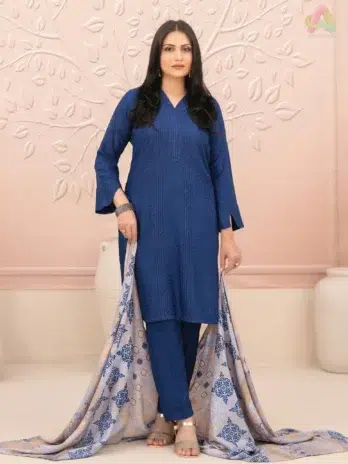 Front View: Nazaaha By Tawakkal D-5011 front view showing unstitched fancy leather peach shirt fabric with detailed texture and digital printed shawl.