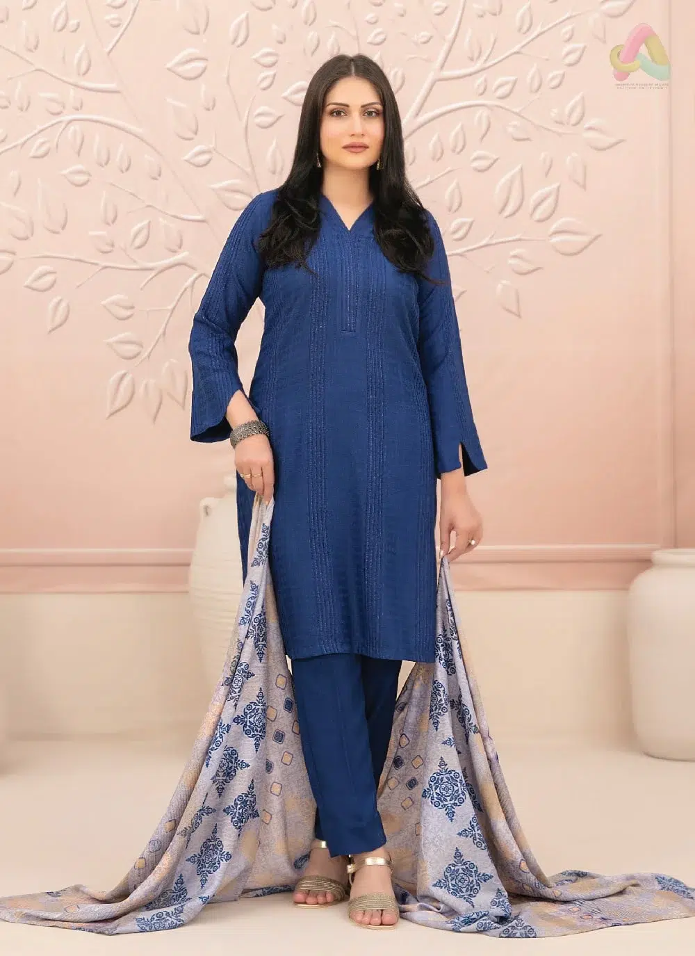 Nazaaha By Tawakkal D-5011 1 Front View: Nazaaha By Tawakkal D-5011 front view showing unstitched fancy leather peach shirt fabric with detailed texture and digital printed shawl.