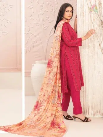 Back View: Nazaaha By Tawakkal D-5012 Leather Peach suit back view showing digital printed shawl and detailed shirt design.