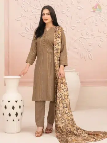 Front View: Nazaaha By Tawakkal D-5013 Leather Peach 3-piece unstitched suit front view from Tawakkal Fabric Collection 2025.