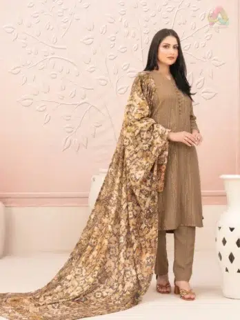 Back View: Nazaaha By Tawakkal D-5013 Leather Peach outfit back view showing digital printed shawl and elegant fancy shirt design.