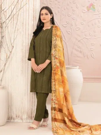 Front View: Nazaaha By Tawakkal D-5014 Leather Peach 3-piece unstitched suit front view from Tawakkal Fabric Collection 2025.