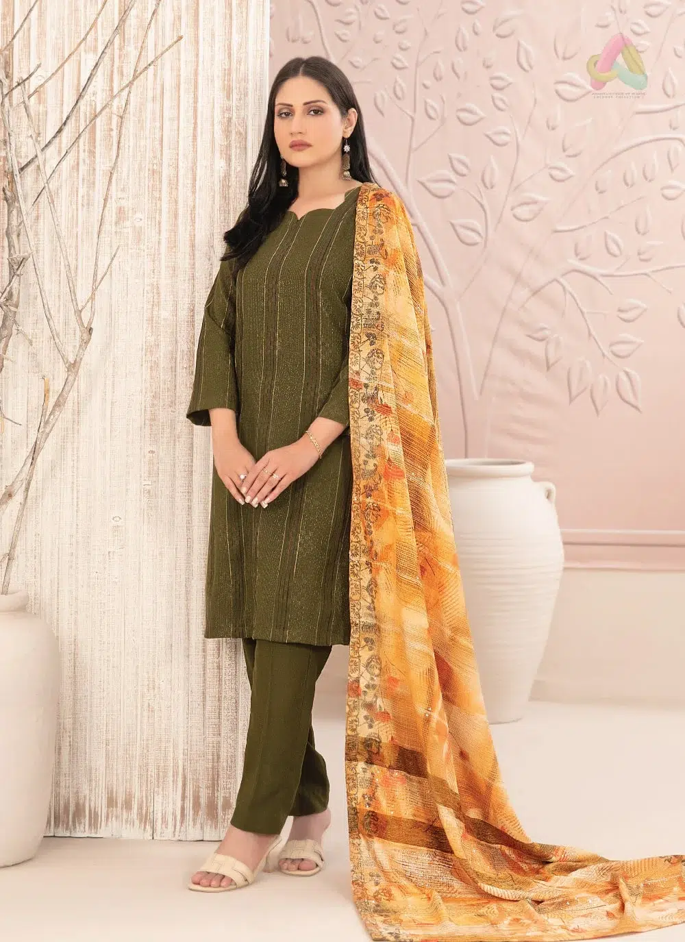 Nazaaha By Tawakkal D-5014 1 Front View: Nazaaha By Tawakkal D-5014 Leather Peach 3-piece unstitched suit front view from Tawakkal Fabric Collection 2025.