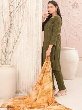Back View: Nazaaha By Tawakkal D-5014 Leather Peach outfit back view showing elegant digital printed shawl and shirt details.