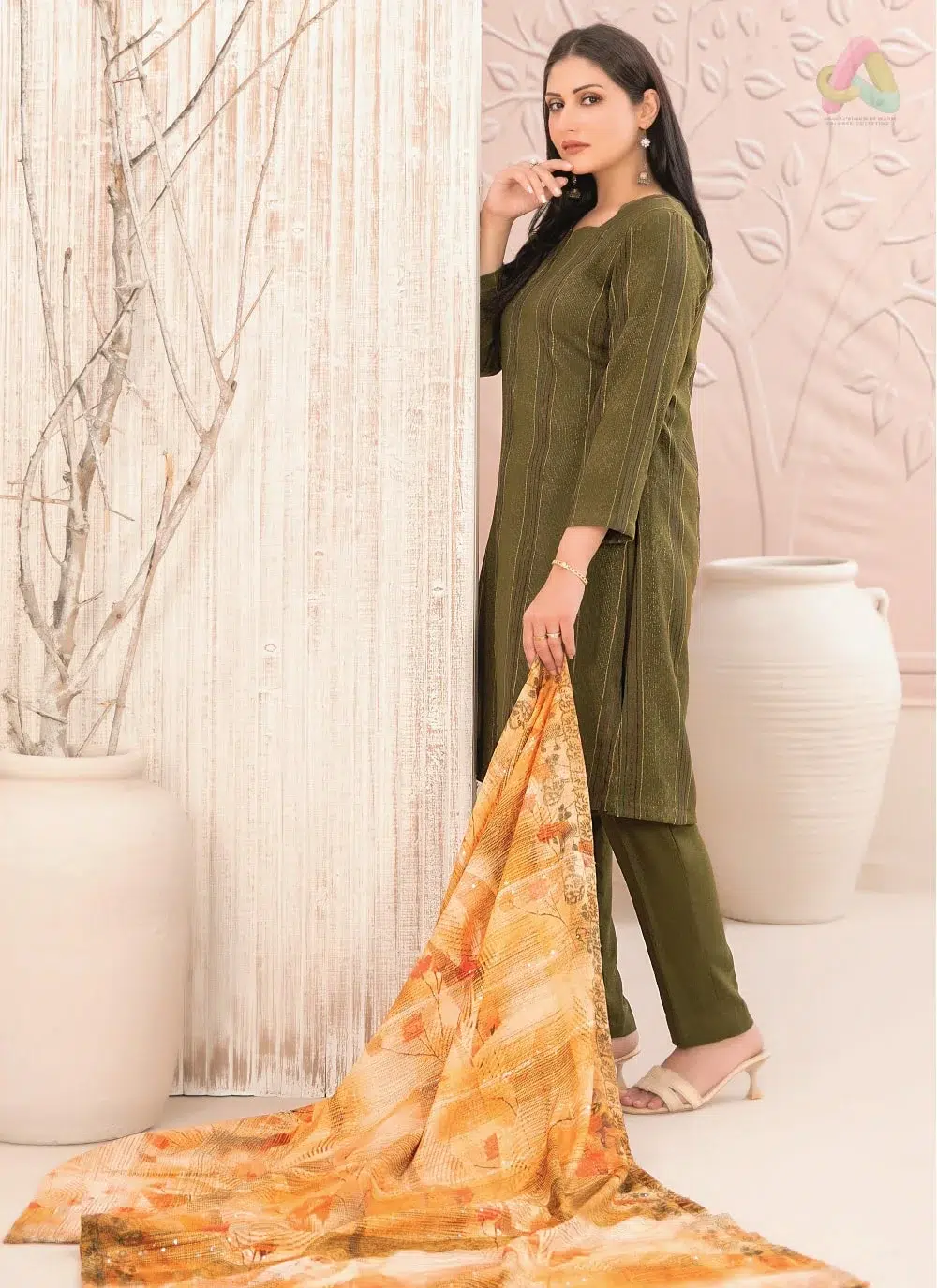 Nazaaha By Tawakkal D-5014 2 Back View: Nazaaha By Tawakkal D-5014 Leather Peach outfit back view showing elegant digital printed shawl and shirt details.