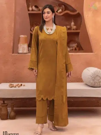 Home 7 Rang E Mehfil By Mahay Vol 2 D-01 front view featuring fancy peach shirt, velvet jacquard shawl, and plain trouser from Mahay Winter Collection.