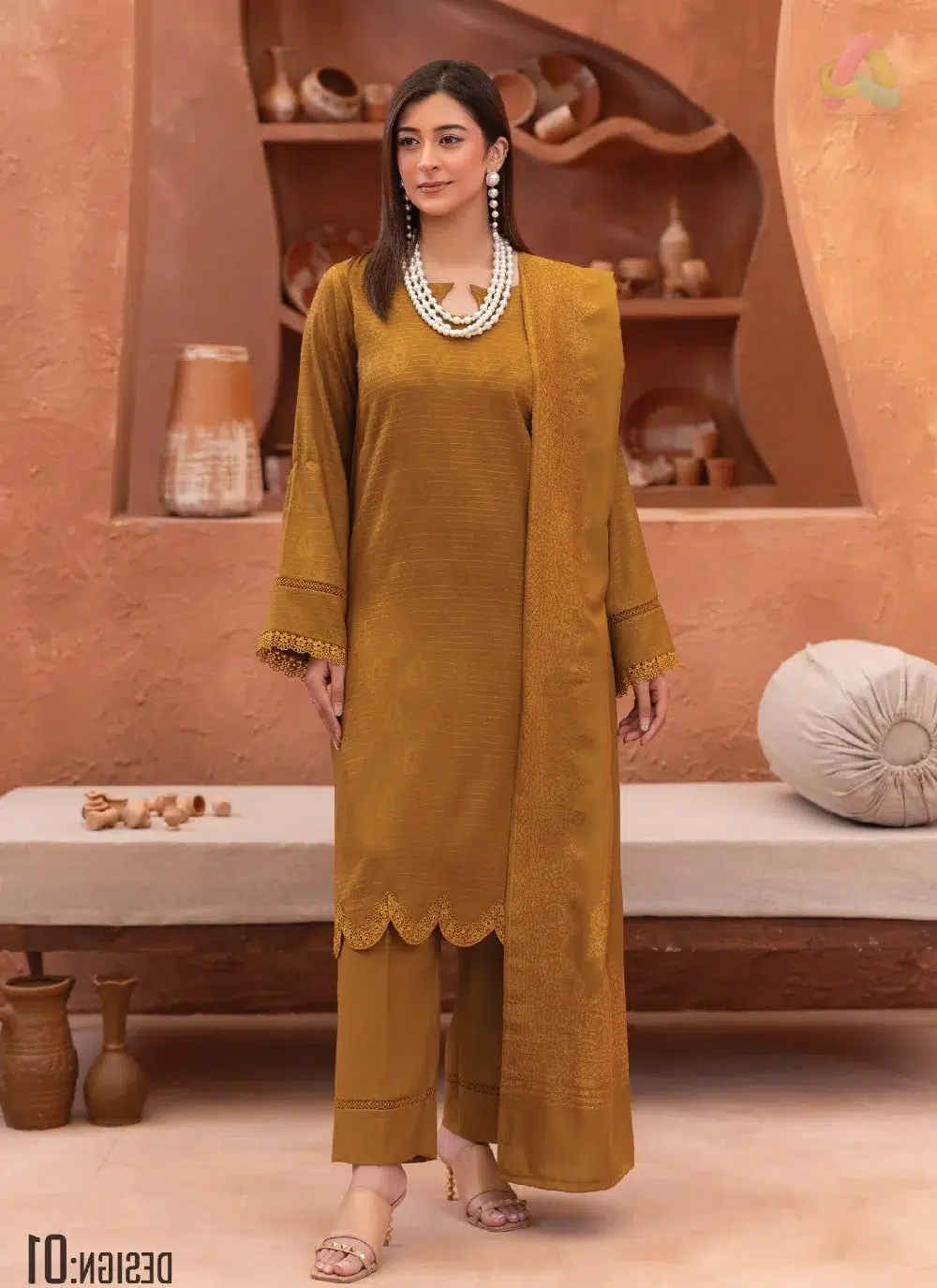 Rang E Mehfil By Mahay Vol 2 D-01 1 Rang E Mehfil By Mahay Vol 2 D-01 front view featuring fancy peach shirt, velvet jacquard shawl, and plain trouser from Mahay Winter Collection.