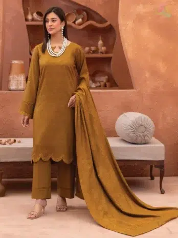 Full outfit of Rang E Mehfil By Mahay Vol 2 D-01 displaying 3-piece suit from Mahay New Collection 2025 with elegant winter fashion details.