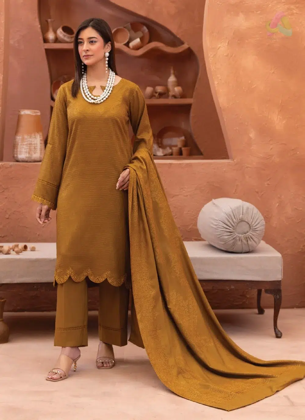 Rang E Mehfil By Mahay Vol 2 D-01 4 Full outfit of Rang E Mehfil By Mahay Vol 2 D-01 displaying 3-piece suit from Mahay New Collection 2025 with elegant winter fashion details.