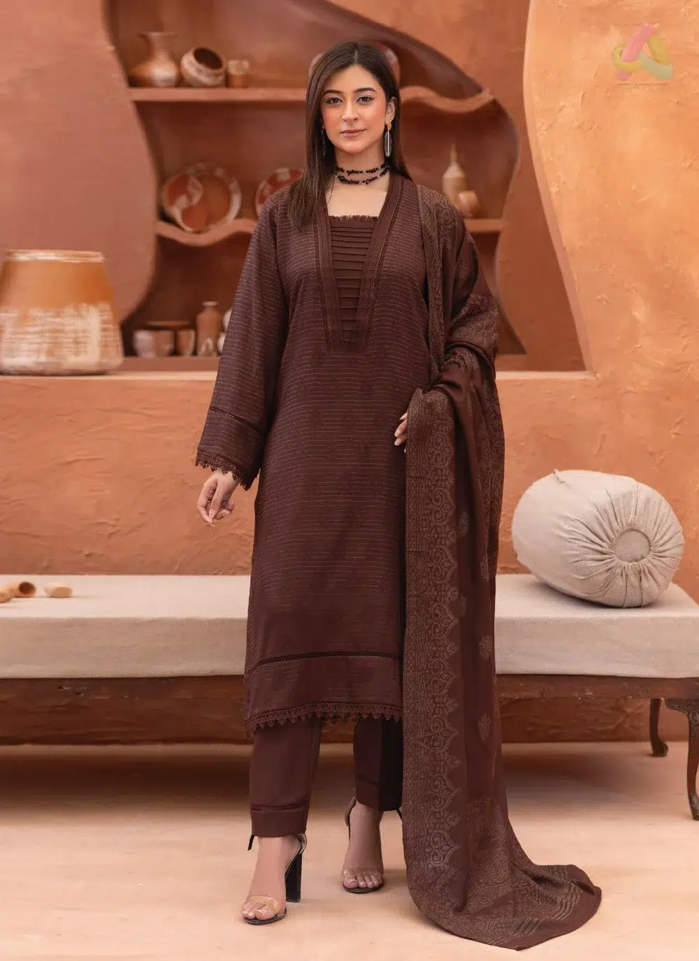 Rang E Mehfil By Mahay Vol 2 D-02 1 Rang E Mehfil By Mahay Vol 2 D-02 front view showing Fancy Peach Shirt with detailed embroidery and elegant winter fabric design.