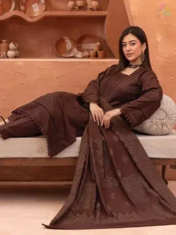 Rang E Mehfil By Mahay Vol 2 D-02 full view displaying complete 3-piece outfit with Fancy Velvet Jacquard Shawl and Plain Trouser.