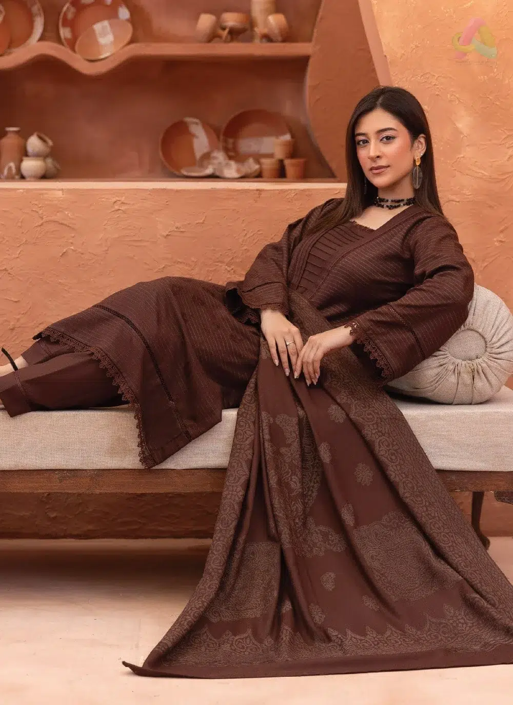 Rang E Mehfil By Mahay Vol 2 D-02 4 Rang E Mehfil By Mahay Vol 2 D-02 full view displaying complete 3-piece outfit with Fancy Velvet Jacquard Shawl and Plain Trouser.